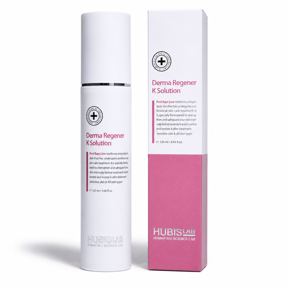 Hubislab Derma Regener K Solution 120ml bottle with matching pink box packaging on a clean white studio background.