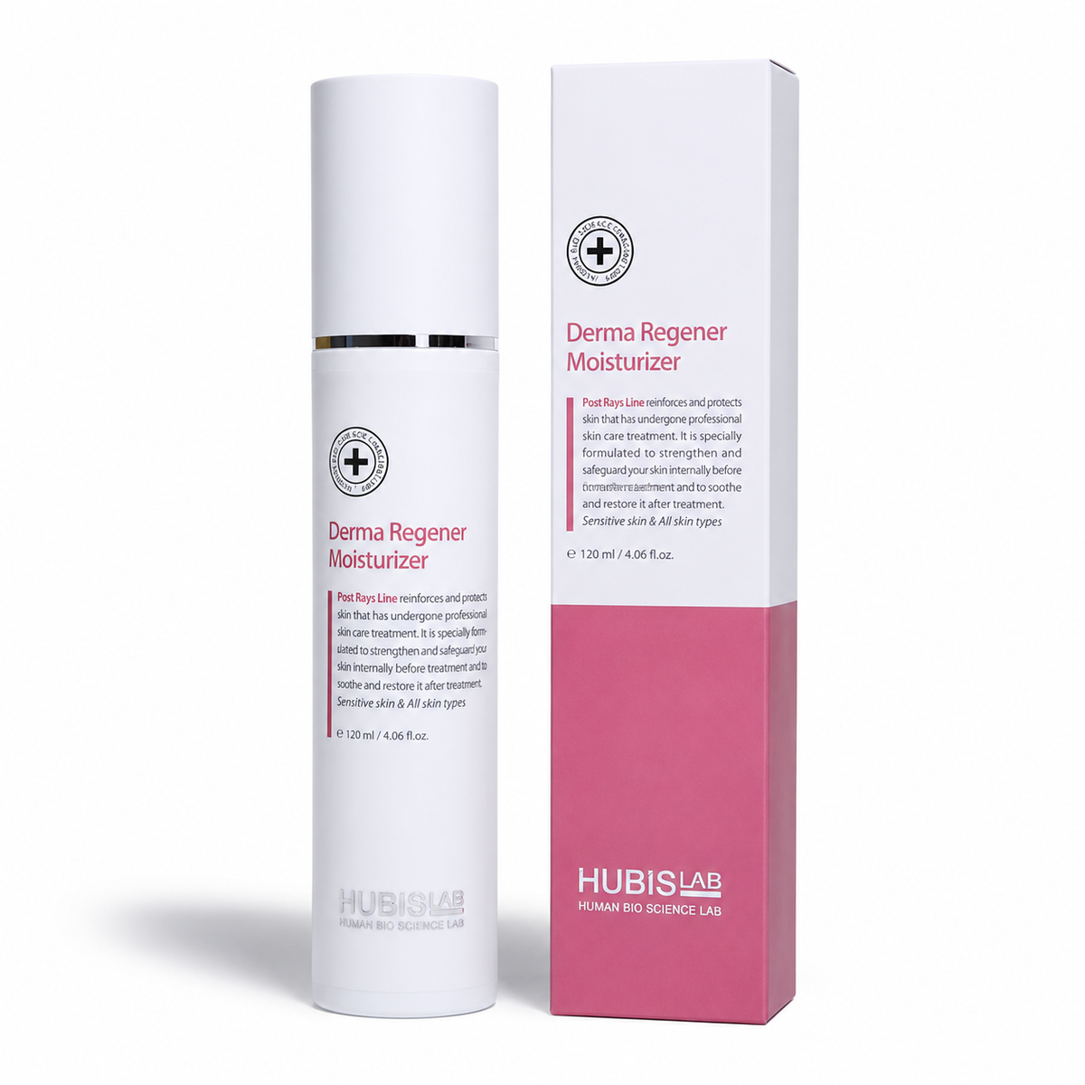 Hubislab Derma Regener Moisturizer 120ml bottle with matching pink box packaging on a clean white studio background.