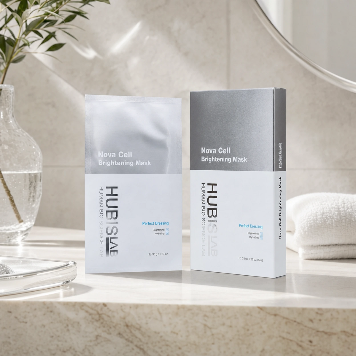 Hubislab e+ Epiderma Nova Cell Brightening Mask 5 x 35g displayed on a clean premium bathroom vanity with soft towels and clinical-luxury silver styling.