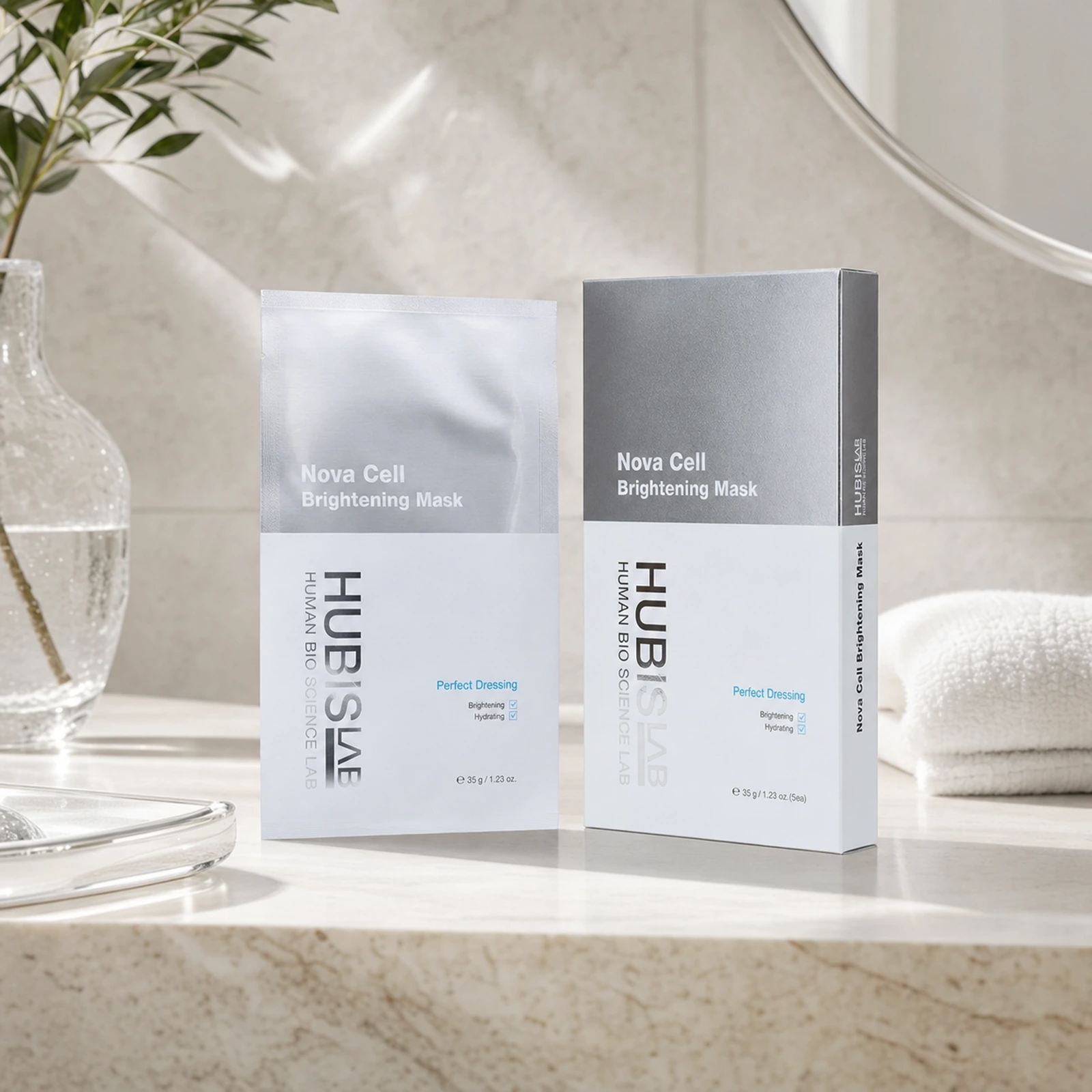 Hubislab e+ Epiderma Nova Cell Brightening Mask 5 x 35g displayed on a clean premium bathroom vanity with soft towels and clinical-luxury silver styling.