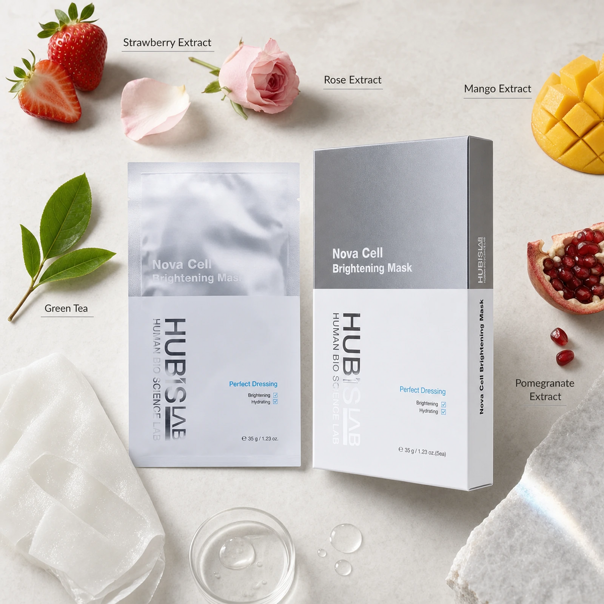 Hubislab e+ Epiderma Nova Cell Brightening Mask 5 x 35g ingredient flatlay featuring Strawberry Extract, Mango Extract, Rose Extract, Green Tea and Pomegranate Extract.