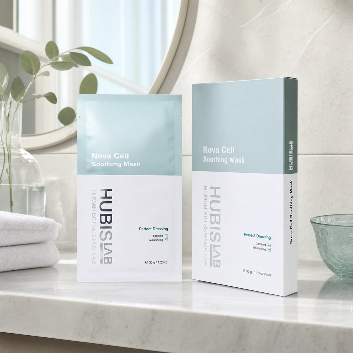 Hubislab e+ Epiderma Nova Cell Soothing Mask 5 x 35g displayed on a clean premium bathroom vanity with soft towels and clinical-luxury aqua styling.