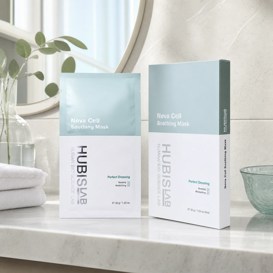 Hubislab e+ Epiderma Nova Cell Soothing Mask 5 x 35g displayed on a clean premium bathroom vanity with soft towels and clinical-luxury aqua styling.