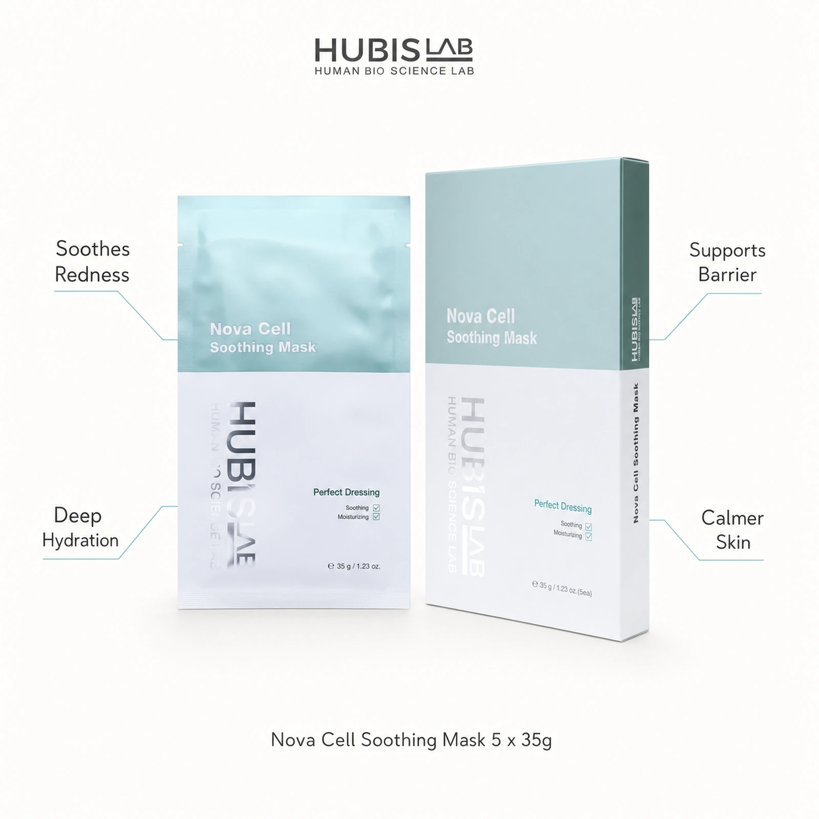 Hubislab e+ Epiderma Nova Cell Soothing Mask 5 x 35g benefit callout image highlighting soothes redness, deep hydration, supports barrier and calmer skin.