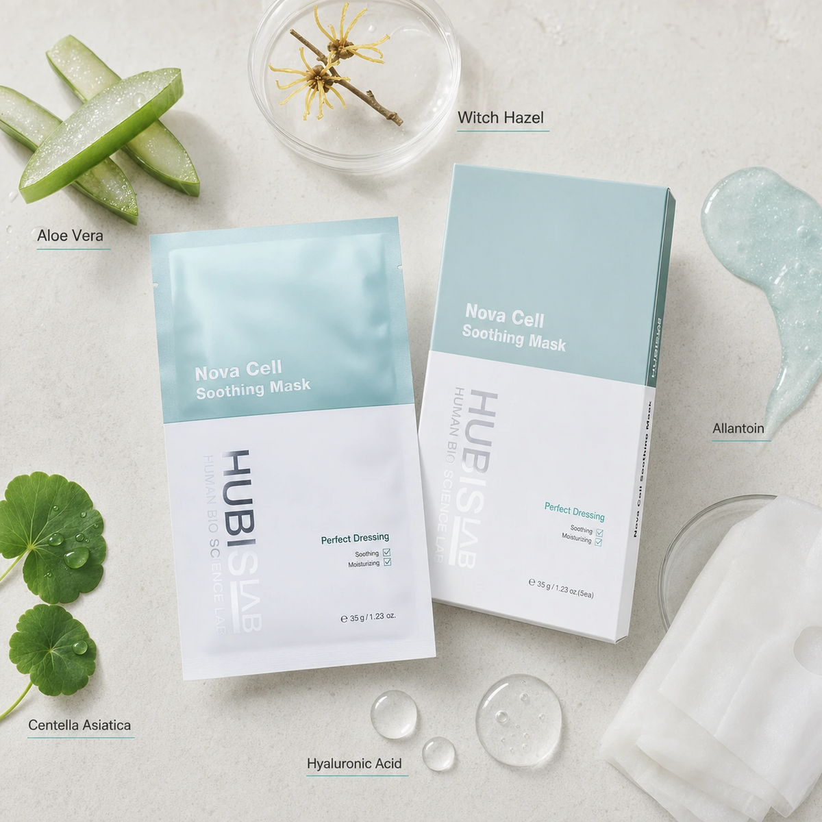 Hubislab e+ Epiderma Nova Cell Soothing Mask 5 x 35g ingredient flatlay featuring Aloe Vera, Witch Hazel, Allantoin, Centella Asiatica and Hyaluronic Acid.