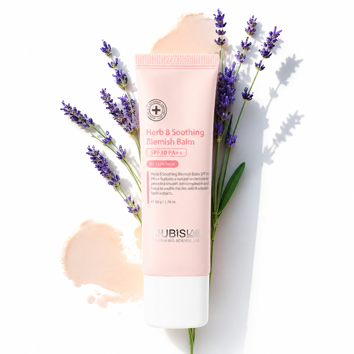 Hubislab Herb 8 Soothing Blemish Balm SPF30 PA++ tube with lavender and light beige cream swatches.