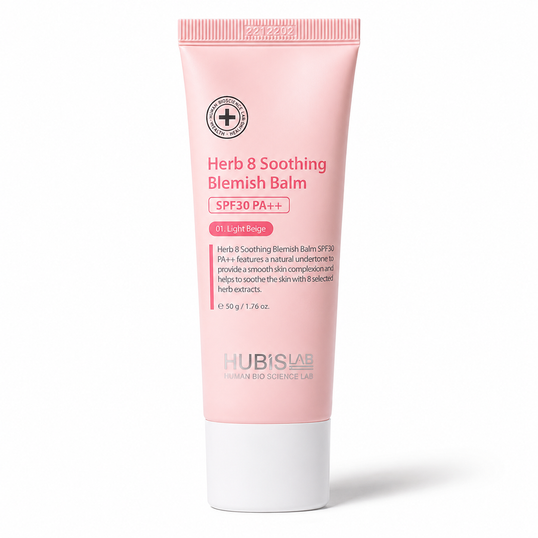 Pink tube of Herb & Soothing Blemish Balm with white cap on a white background