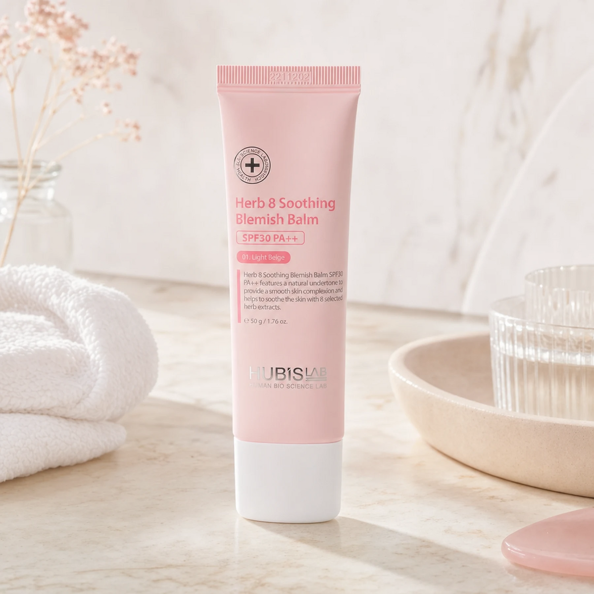 Hubislab Herb 8 Soothing Blemish Balm SPF30 PA++ 50g displayed in a premium bathroom vanity setting for sensitive, redness-prone or post-treatment skin.