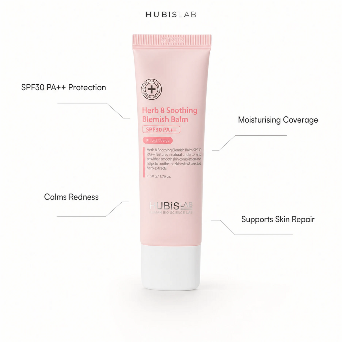 Hubislab Herb 8 Soothing Blemish Balm SPF30 PA++ 50g with benefit callouts for SPF30 PA++ protection, redness comfort, moisturising coverage and skin repair support.