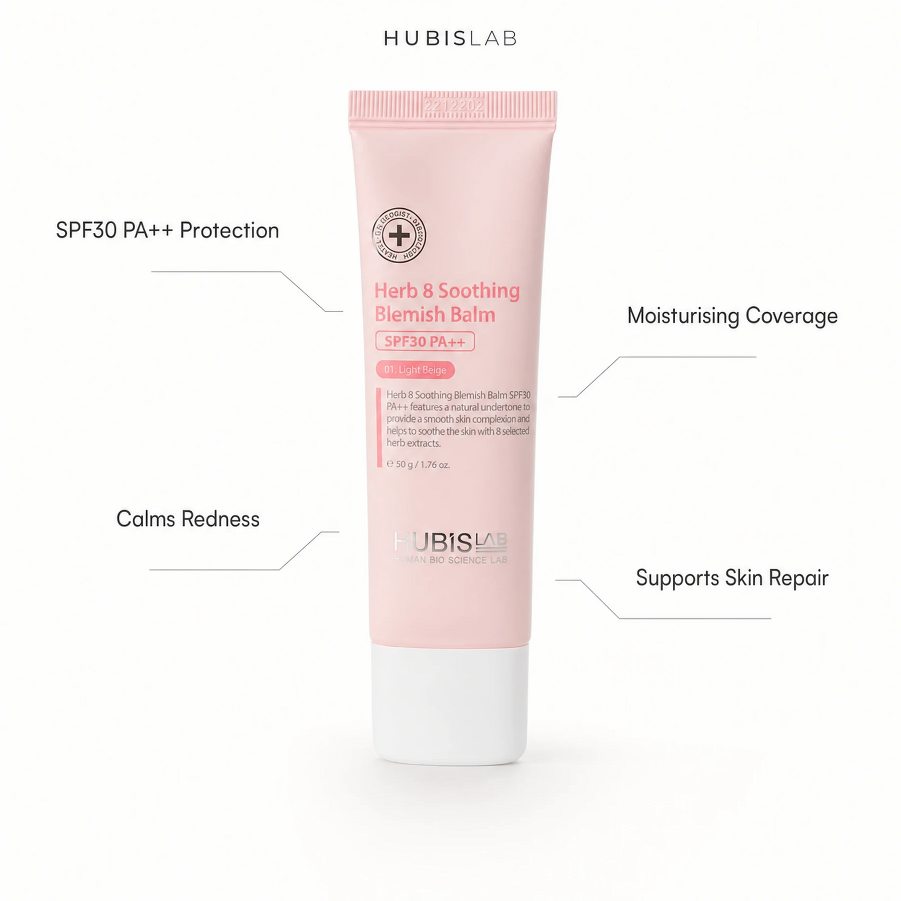 Hubislab Herb 8 Soothing Blemish Balm SPF30 PA++ 50g with benefit callouts for SPF30 PA++ protection, redness comfort, moisturising coverage and skin repair support.