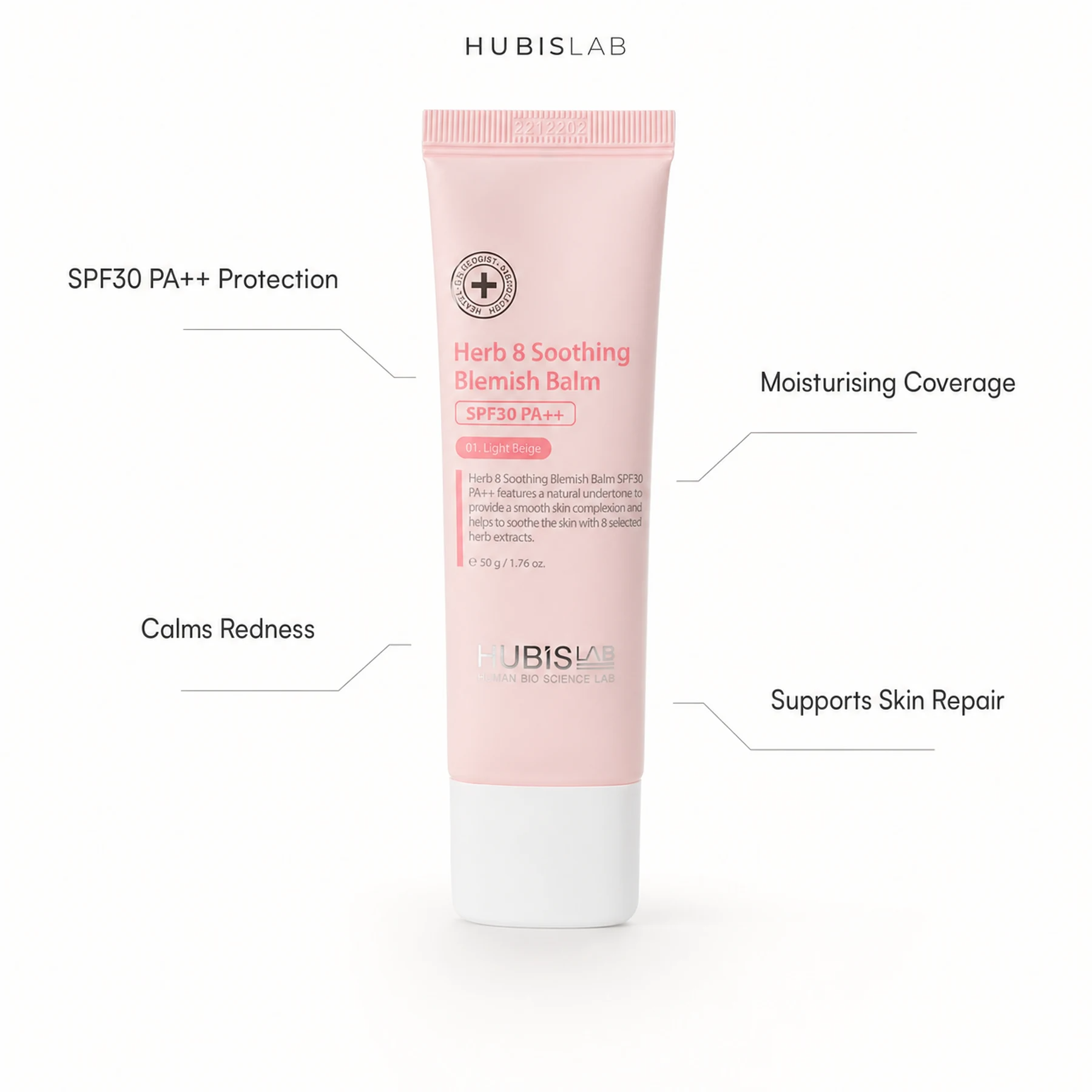 Hubislab Herb 8 Soothing Blemish Balm SPF30 PA++ 50g with benefit callouts for SPF30 PA++ protection, redness comfort, moisturising coverage and skin repair support.