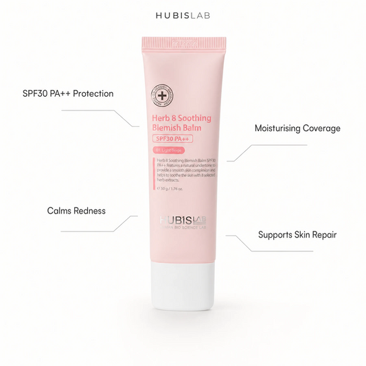 Hubislab Herb 8 Soothing Blemish Balm SPF30 PA++ 50g with benefit callouts for SPF30 PA++ protection, redness comfort, moisturising coverage and skin repair support.