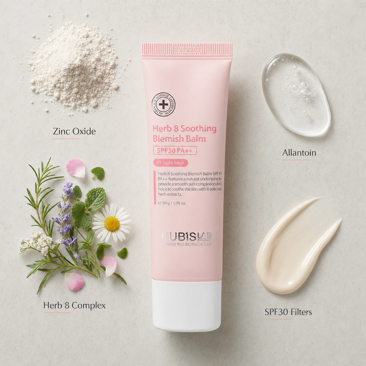Hubislab Herb 8 Soothing Blemish Balm SPF30 PA++ 50g ingredient flatlay featuring Zinc Oxide, Herb 8 Complex, Allantoin and SPF30 Filters.
