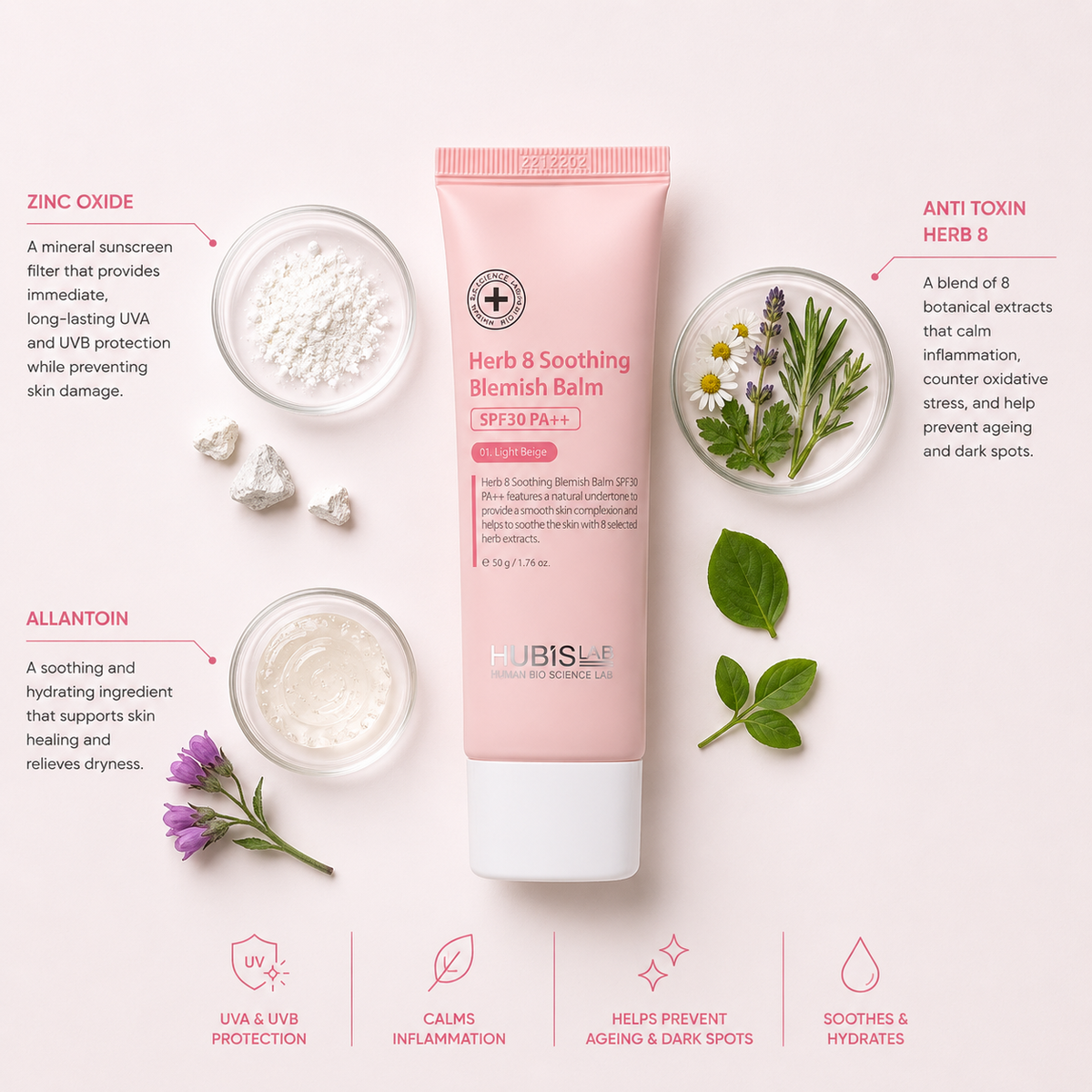 Minimal ingredient flat lay of HUBISLAB Herb 8 Soothing Blemish Balm SPF30 PA++ with zinc oxide, anti toxin herb complex, and allantoin on a clean soft pink and white clinical background.