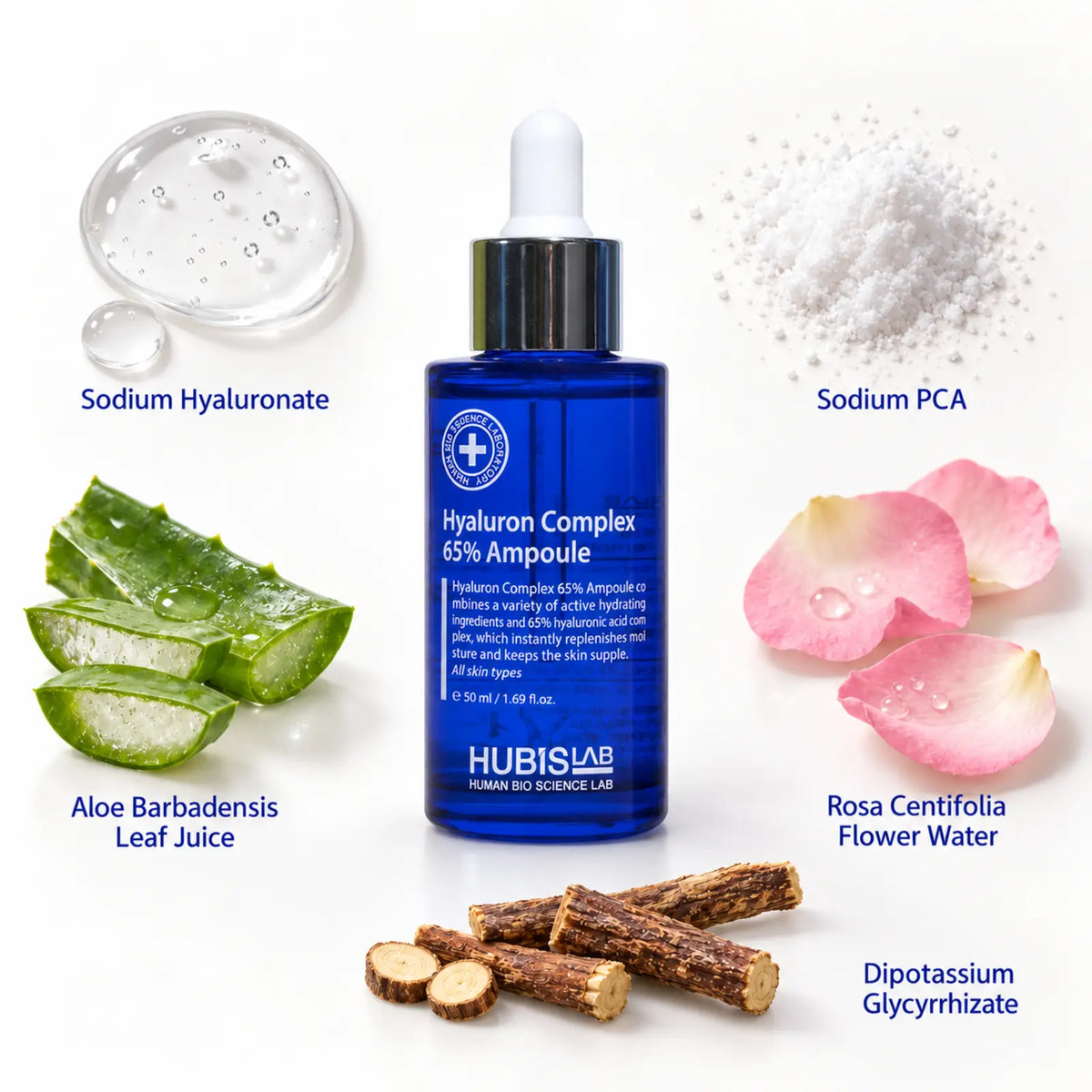 HUBISLAB Hyaluron Complex 65% Ampoule 120 ml being applied during a professional hydrating facial treatment.