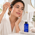 Woman applying HUBISLAB Hyaluron Complex 65% Ampoule during her at-home skincare routine, with the 50 ml retail bottle displayed beside her.