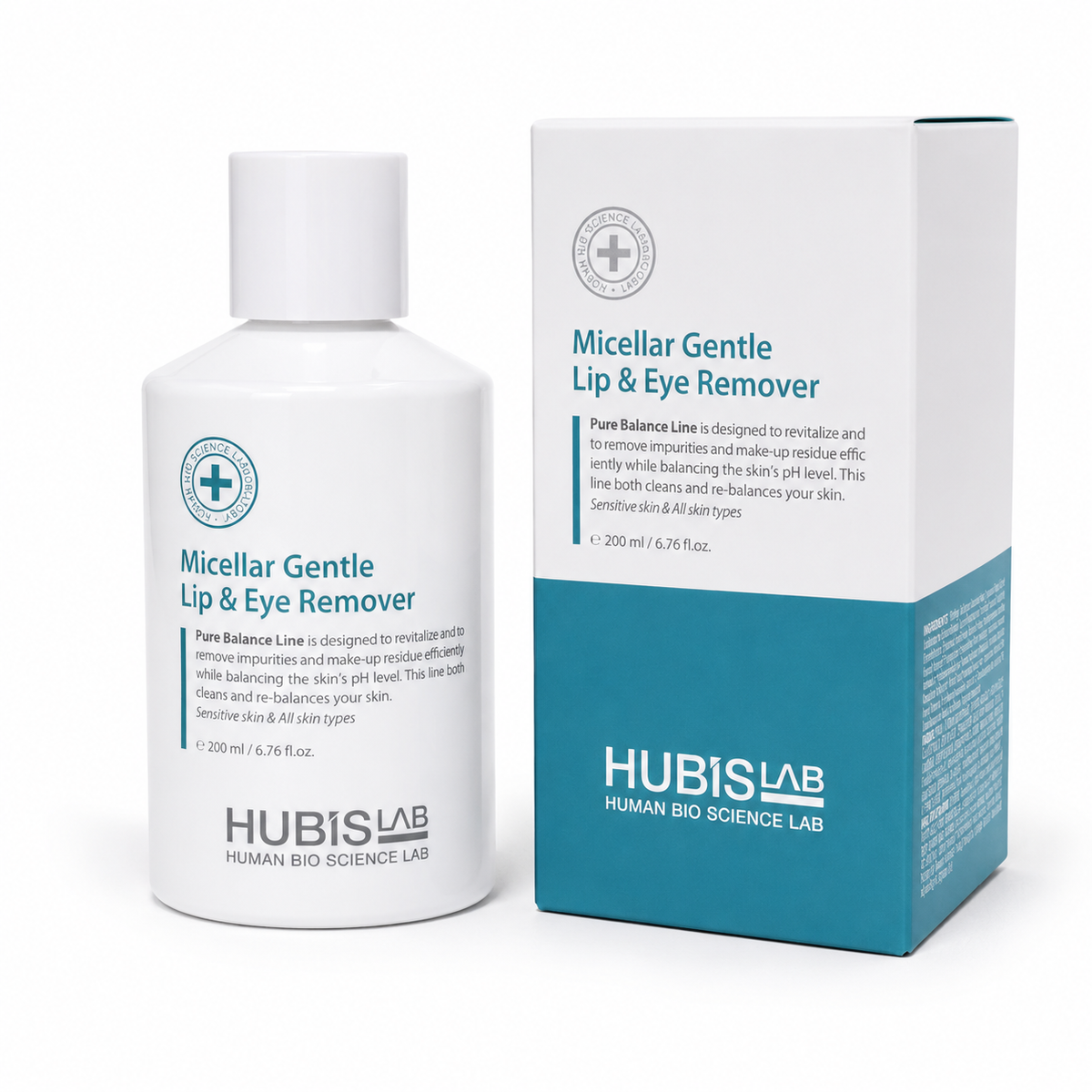 Hubislab Micellar Gentle Lip & Eye Remover bottle and packaging box displayed on a clean white studio background.