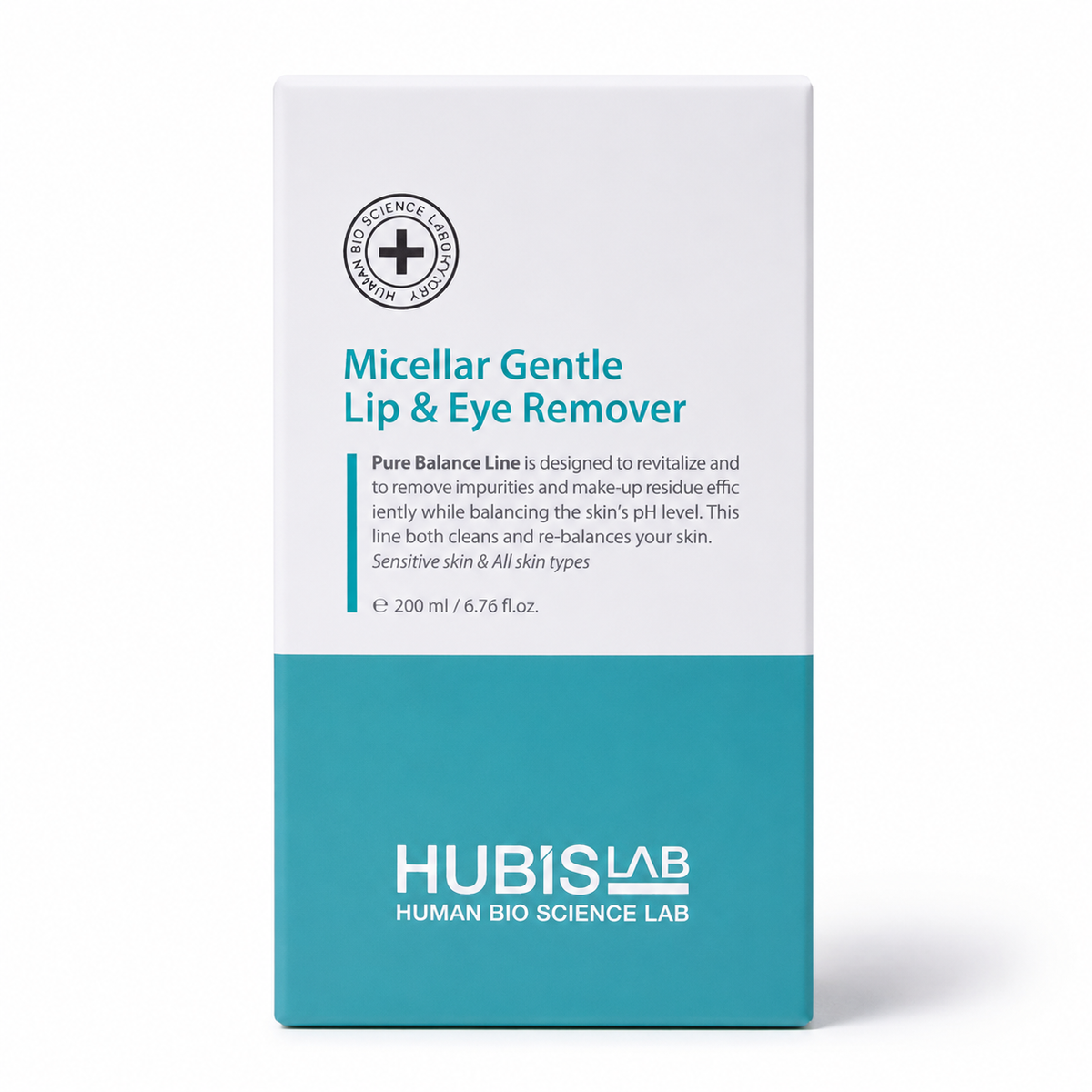 Hubislab Micellar Gentle Lip & Eye Remover 200ml packaging box displayed on a clean white studio background.