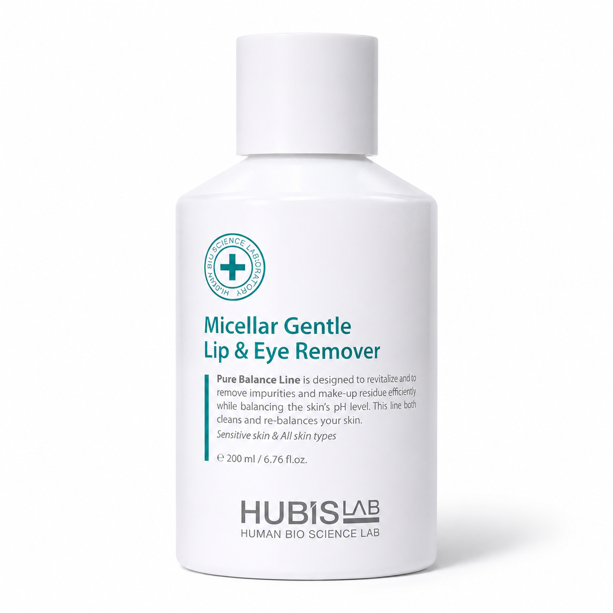 Hubislab Micellar Gentle Lip & Eye Remover 200ml bottle displayed on a clean white studio background.