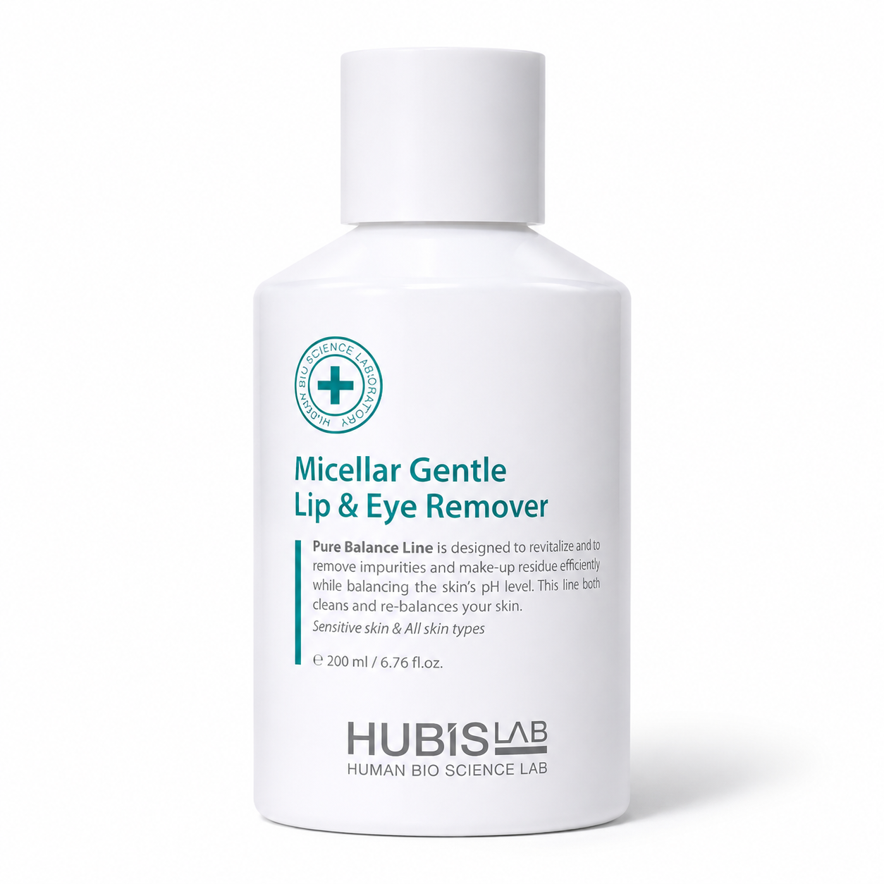 Hubislab Micellar Gentle Lip & Eye Remover 200ml bottle displayed on a clean white studio background.