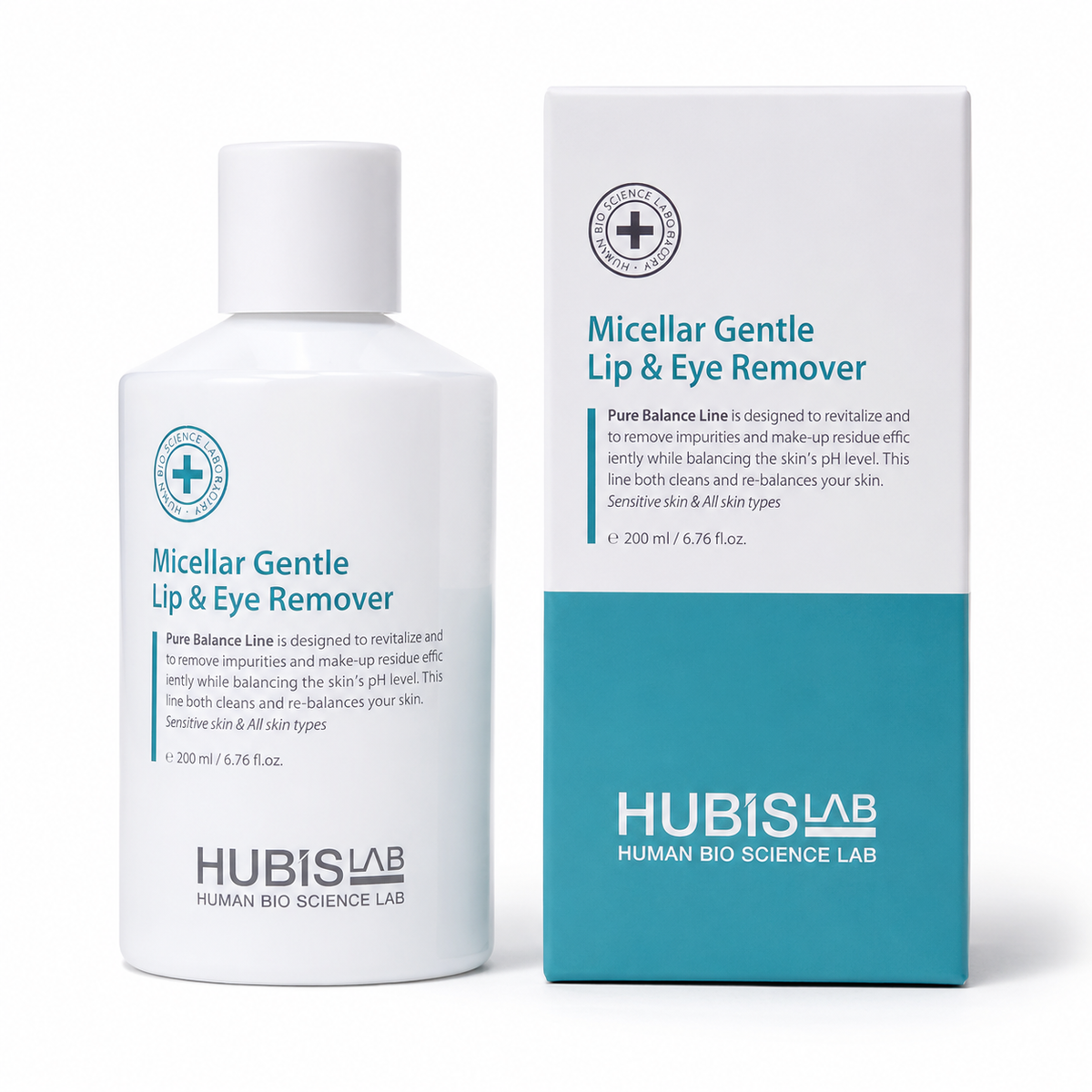 HUBISLAB Micellar Gentle Lip & Eye Remover bottle and retail box displayed on a clean light grey background in a premium studio product image.
