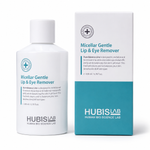 HUBISLAB Micellar Gentle Lip & Eye Remover bottle and retail box displayed on a clean light grey background in a premium studio product image.