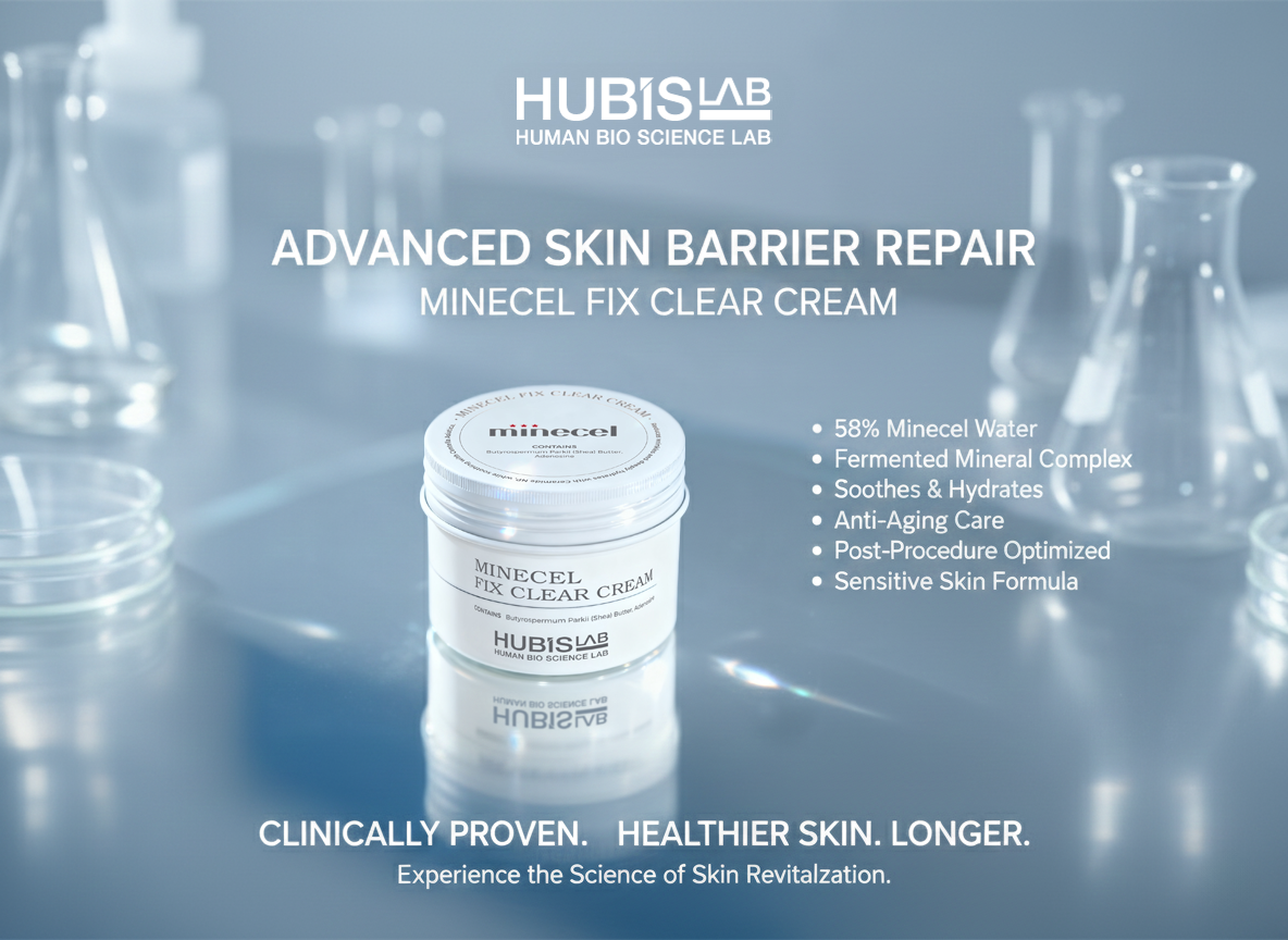 Hubislab Minecel Fix Clear Cream 50ml  for sensitive, dry or post-treatment skin with product details on a blurred lab background
