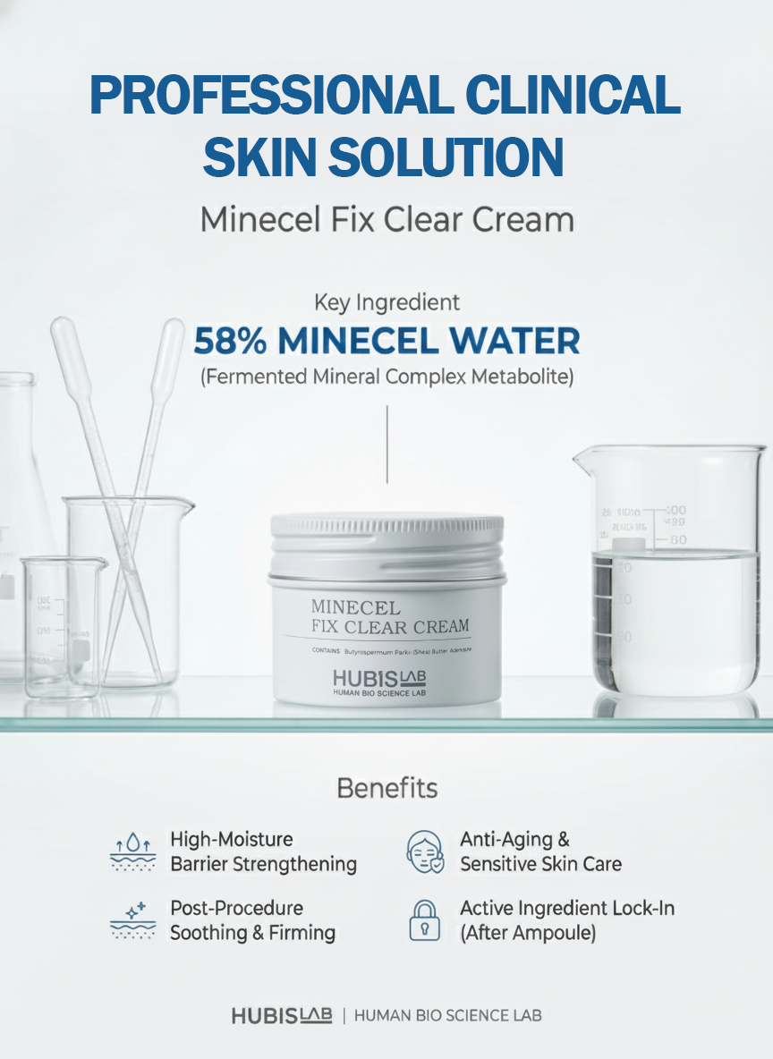 Hubislab Minecel Fix Clear Cream 50ml  for sensitive, dry or post-treatment skin. with key ingredients and benefits on a white background