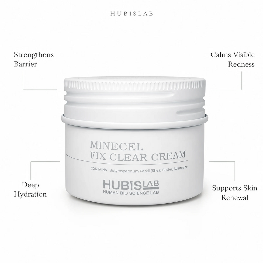 Hubislab Minecel Fix Clear Cream 50ml with benefit callouts for barrier strength, deep hydration, visible redness and skin renewal support.