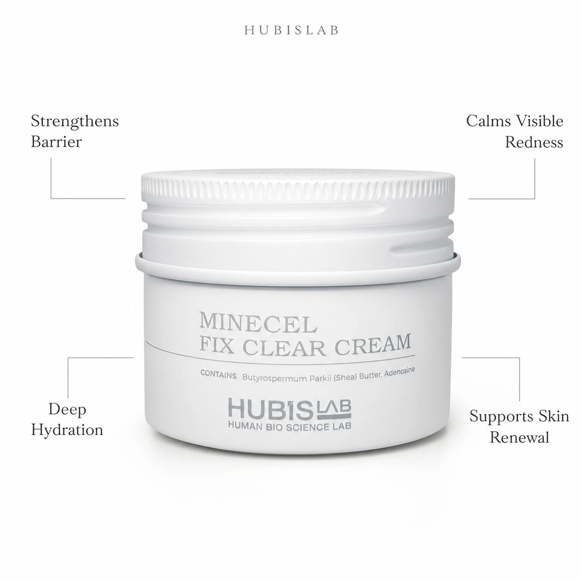 Hubislab Minecel Fix Clear Cream 50ml with benefit callouts for barrier strength, deep hydration, visible redness and skin renewal support.