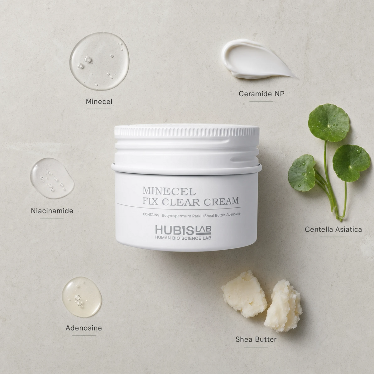 Hubislab Minecel Fix Clear Cream 50ml ingredient flatlay featuring Minecel, Ceramide NP, Centella Asiatica, Niacinamide, Adenosine and Shea Butter.