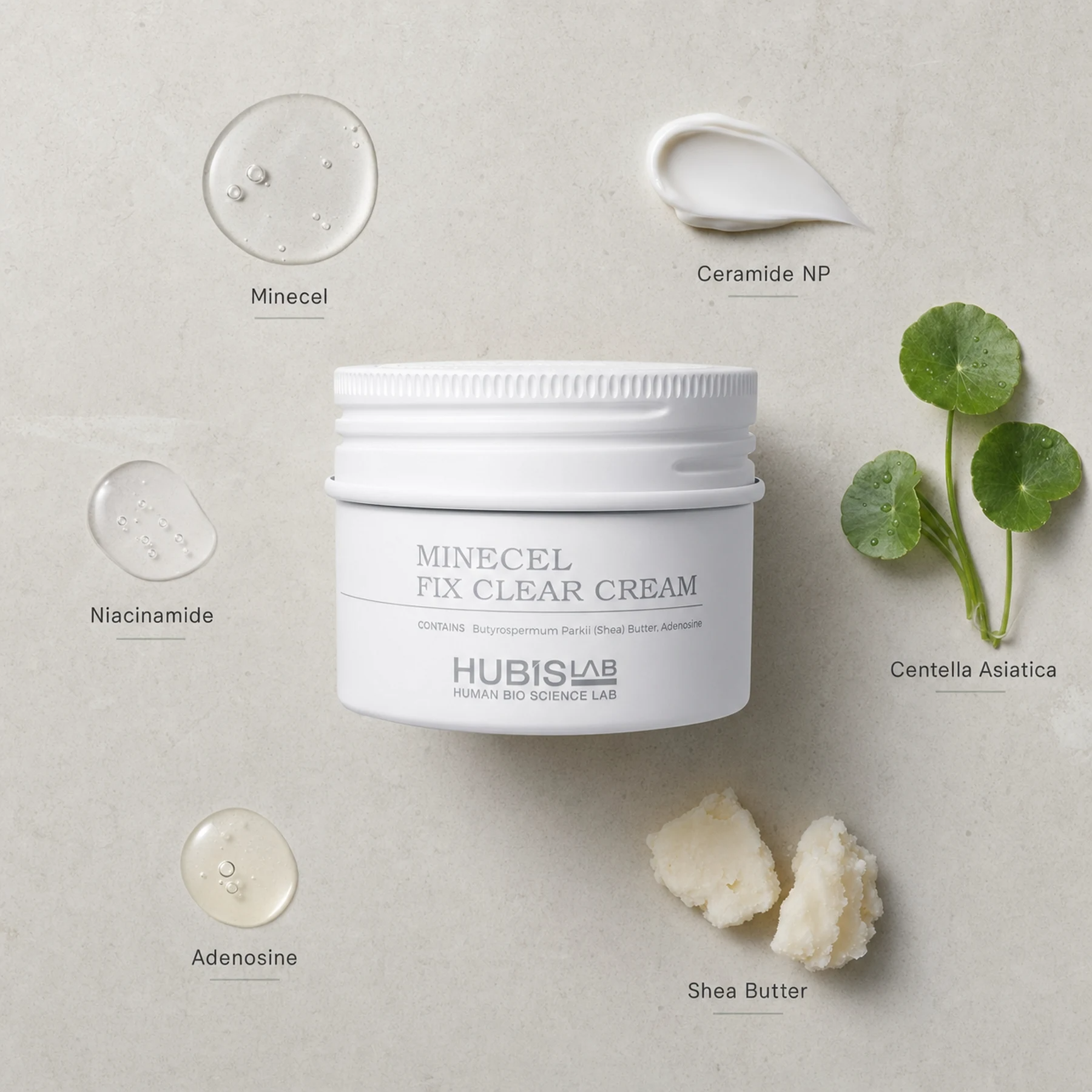 Hubislab Minecel Fix Clear Cream 50ml ingredient flatlay featuring Minecel, Ceramide NP, Centella Asiatica, Niacinamide, Adenosine and Shea Butter.