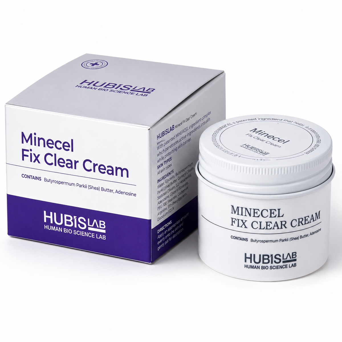 Hubislab Minecel Fix Clear Cream jar with matching product box on a clean light grey background.