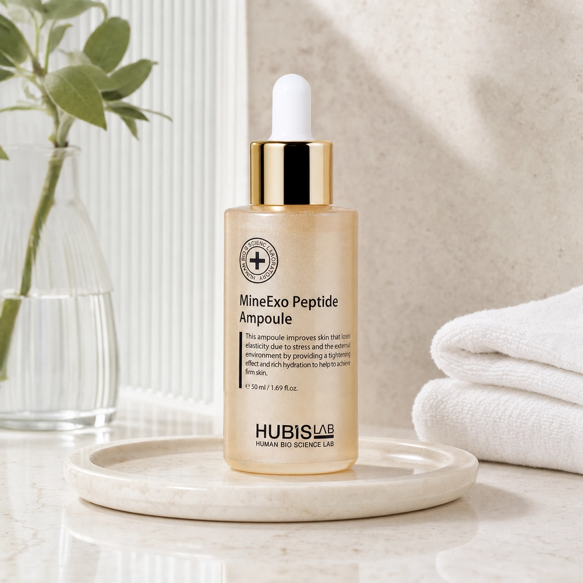 Hubislab MineExo Peptide Ampoule 50ml benefit callout image highlighting firms and lifts, smooths fine lines, deeply hydrates and boosts radiance.