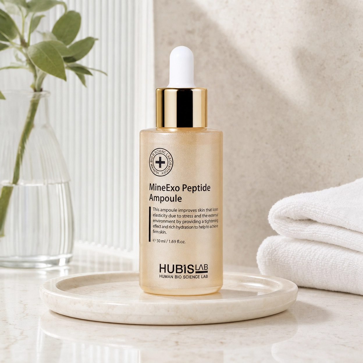 Hubislab MineExo Peptide Ampoule 50ml benefit callout image highlighting firms and lifts, smooths fine lines, deeply hydrates and boosts radiance.