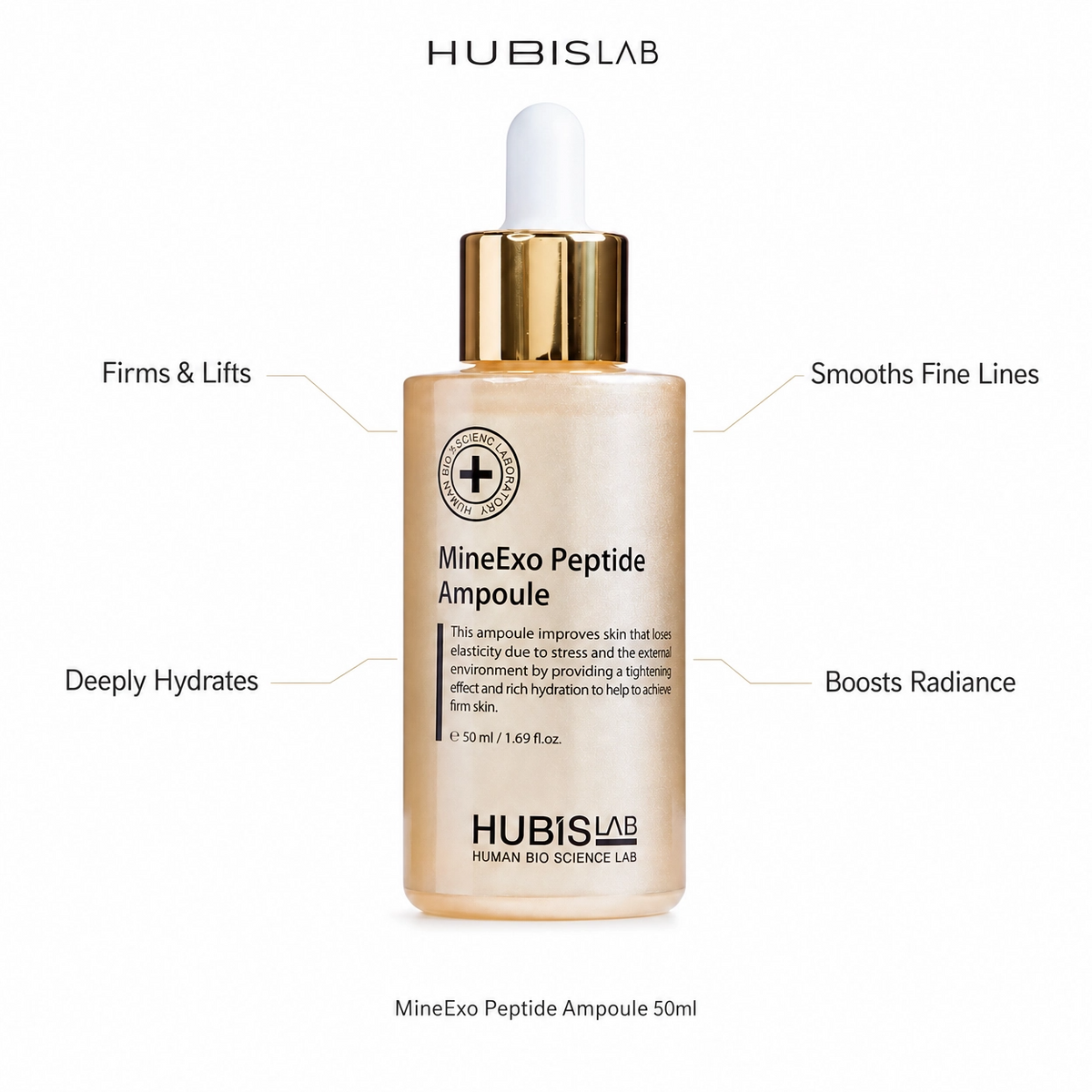 Hubislab MineExo Peptide Ampoule 50ml benefit callout image highlighting firms and lifts, smooths fine lines, deeply hydrates and boosts radiance.