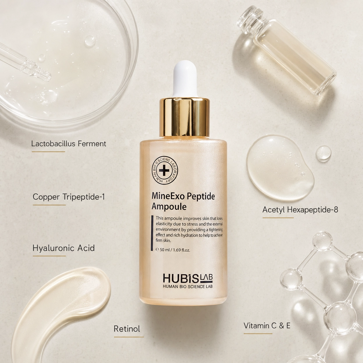 Hubislab MineExo Peptide Ampoule 50ml ingredient flatlay featuring Lactobacillus Ferment, Copper Tripeptide-1, Hyaluronic Acid, Retinol, Acetyl Hexapeptide-8 and Vitamin C and E.