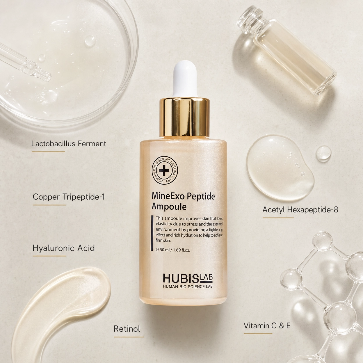 Hubislab MineExo Peptide Ampoule 50ml ingredient flatlay featuring Lactobacillus Ferment, Copper Tripeptide-1, Hyaluronic Acid, Retinol, Acetyl Hexapeptide-8 and Vitamin C and E.