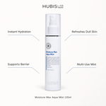 Hubislab Moisture Max Aqua Mist 120ml benefit callout image highlighting instant hydration, refreshes dull skin, supports barrier and multi-use mist.