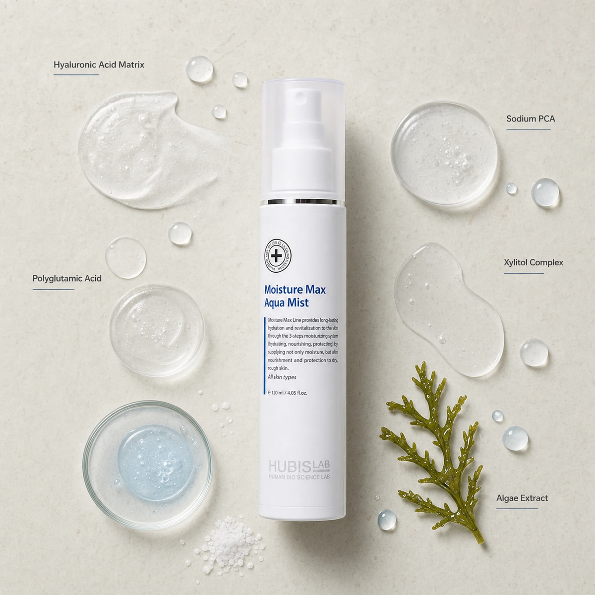 Hubislab Moisture Max Aqua Mist 120ml photographic ingredient flatlay featuring Hyaluronic Acid Matrix, Sodium PCA, Polyglutamic Acid, Xylitol Complex and Algae Extract.