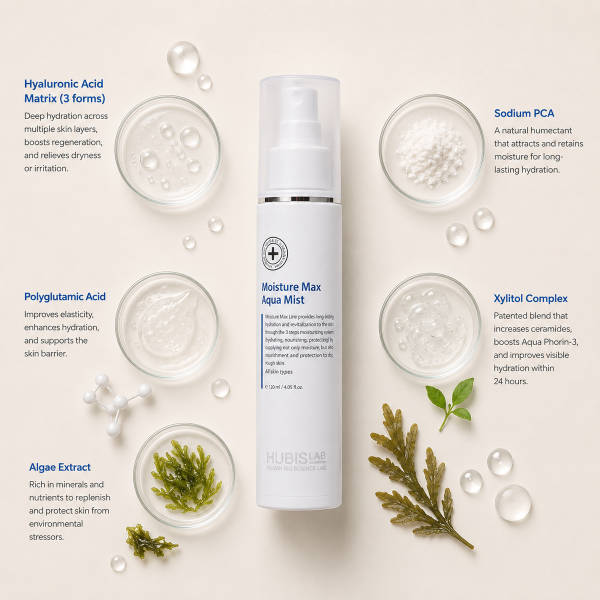 “Minimal HUBISLAB Moisture Max Aqua Mist ingredient flatlay featuring Hyaluronic Acid Matrix, Sodium PCA, Polyglutamic Acid, Xylitol Complex, and Algae Extract arranged with clean spacing around the product on a soft neutral background