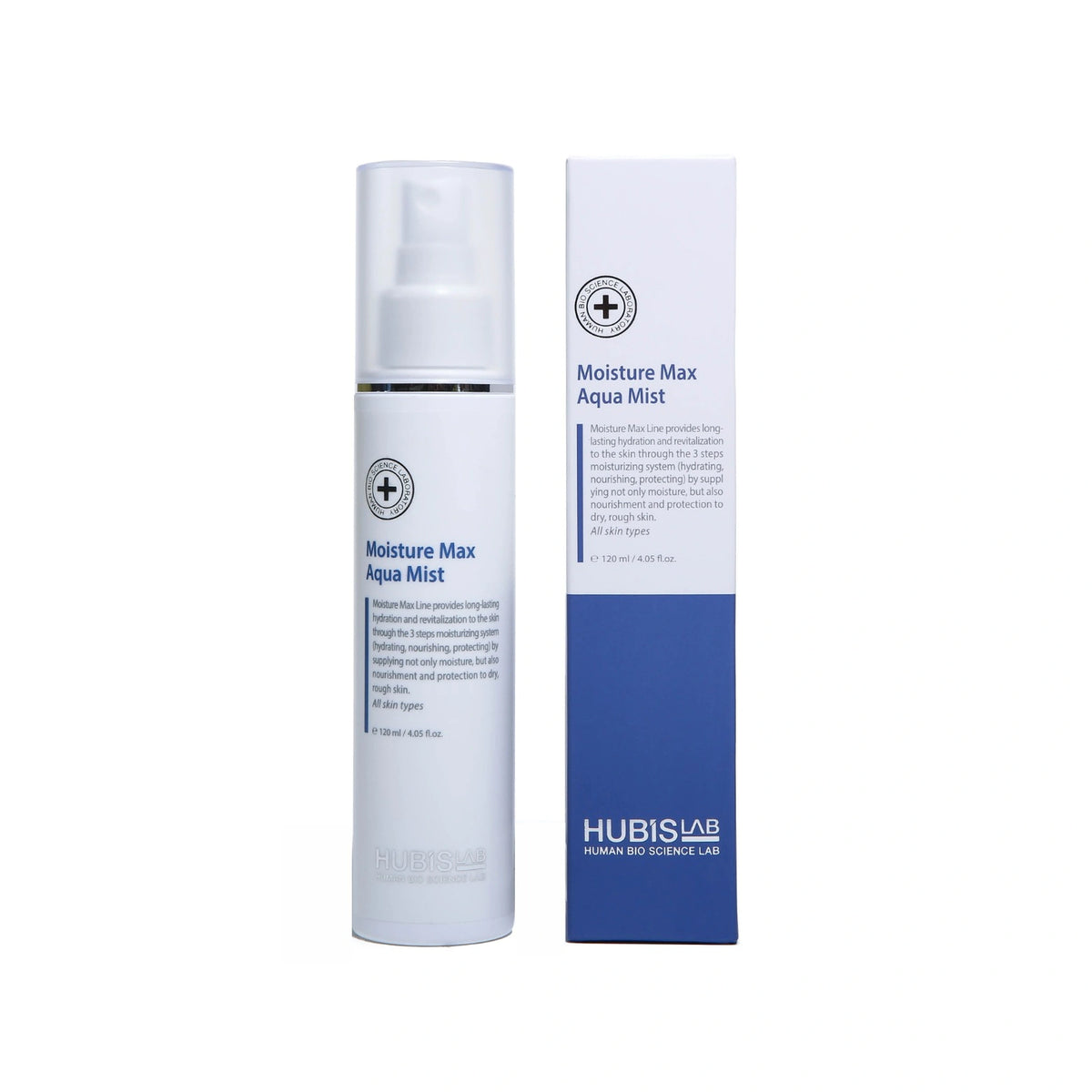 Hubislab Moisture Max Aqua Mist skincare bottle and packaging displayed on light grey background