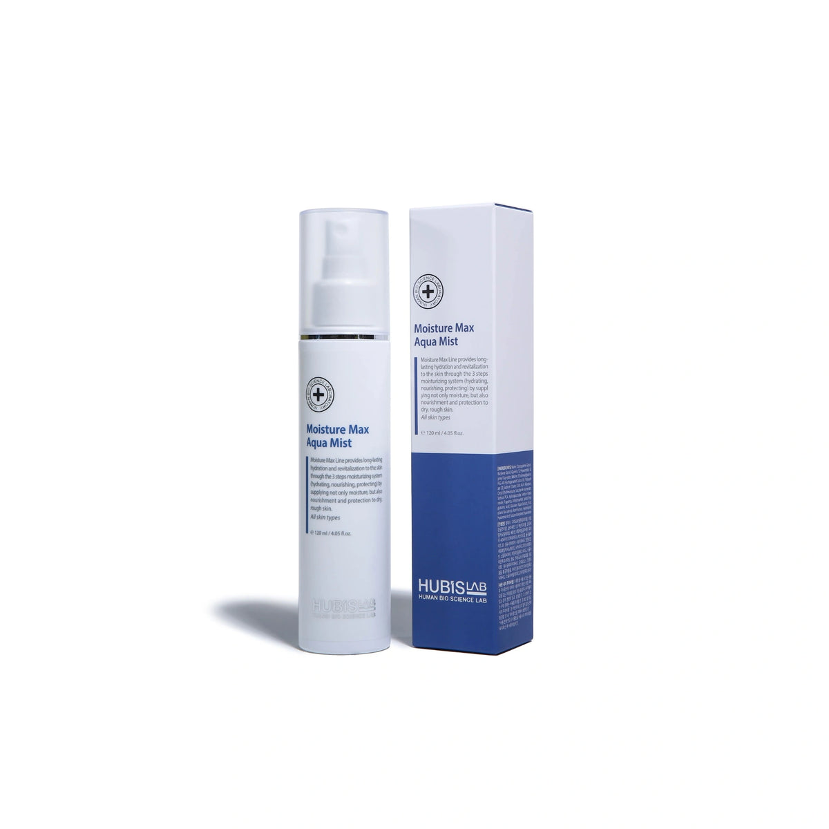 Hubislab Moisture Max Aqua Mist skincare bottle and packaging displayed on light grey background