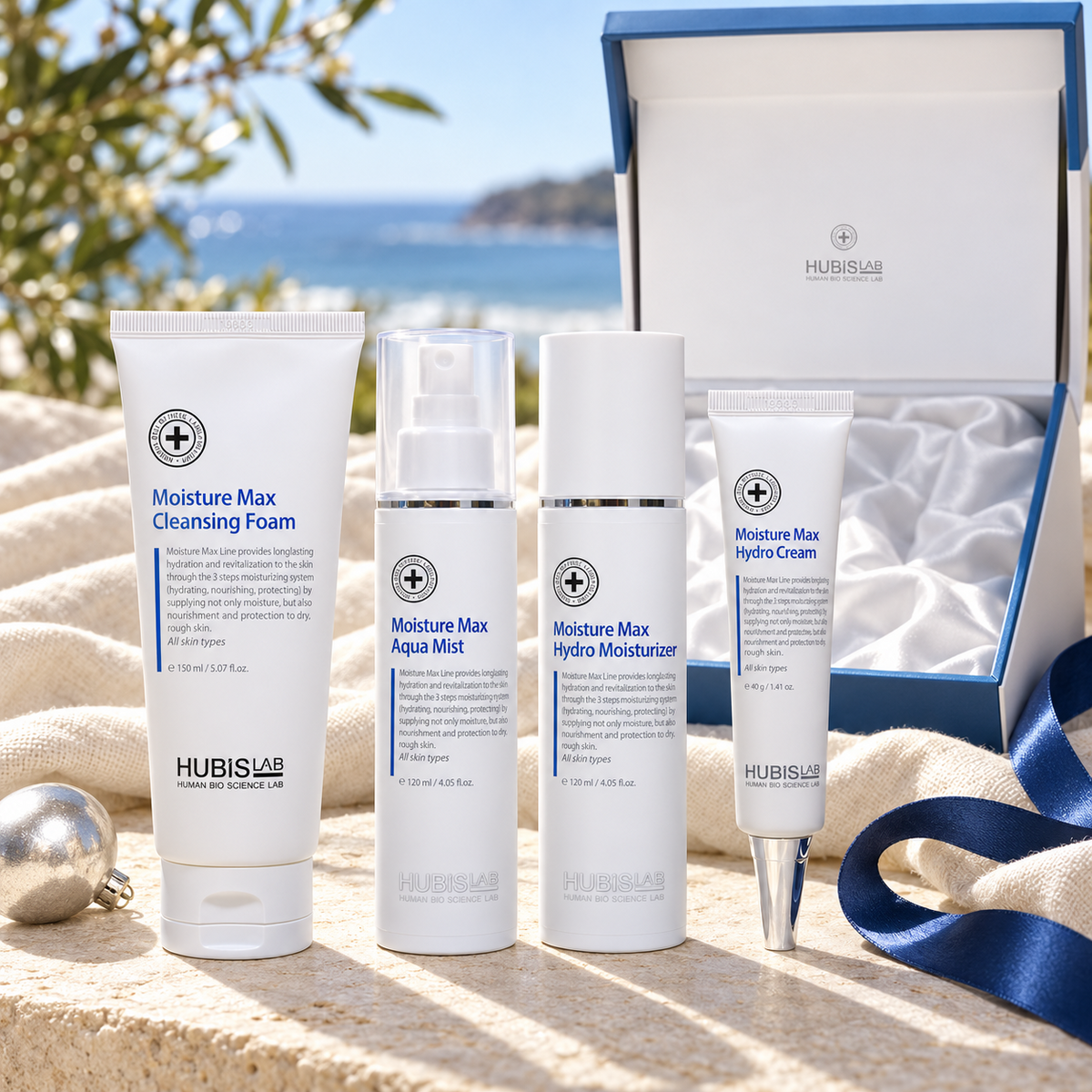 HUBISLAB Moisture Max Christmas Gift Set in an Australian summer Christmas setting. File: hubislab-moisture-max-christmas-gift-set-australian-summer-2026.png