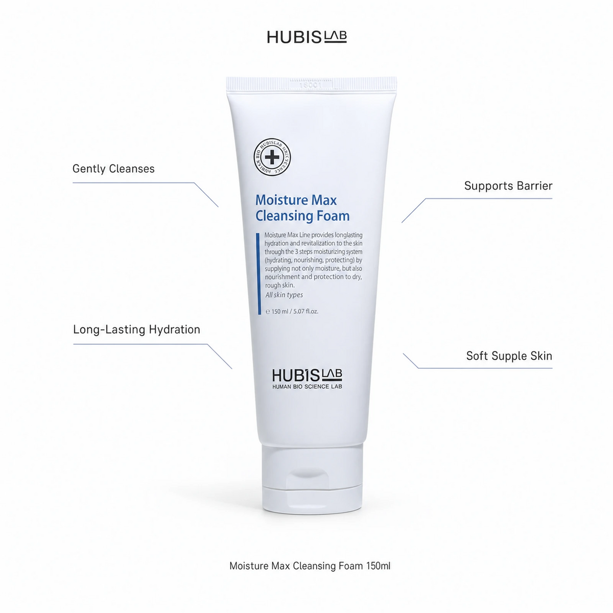 Hubislab Moisture Max Cleansing Foam 150ml benefit callout image highlighting gently cleanses, long-lasting hydration, supports barrier and soft supple skin.