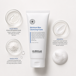 “Minimal HUBISLAB Moisture Max Cleansing Foam 150ml ingredient flatlay featuring Hyalo Matrix, AQUAXYL, and Sodium PCA arranged with clean spacing around the product on a soft neutral background