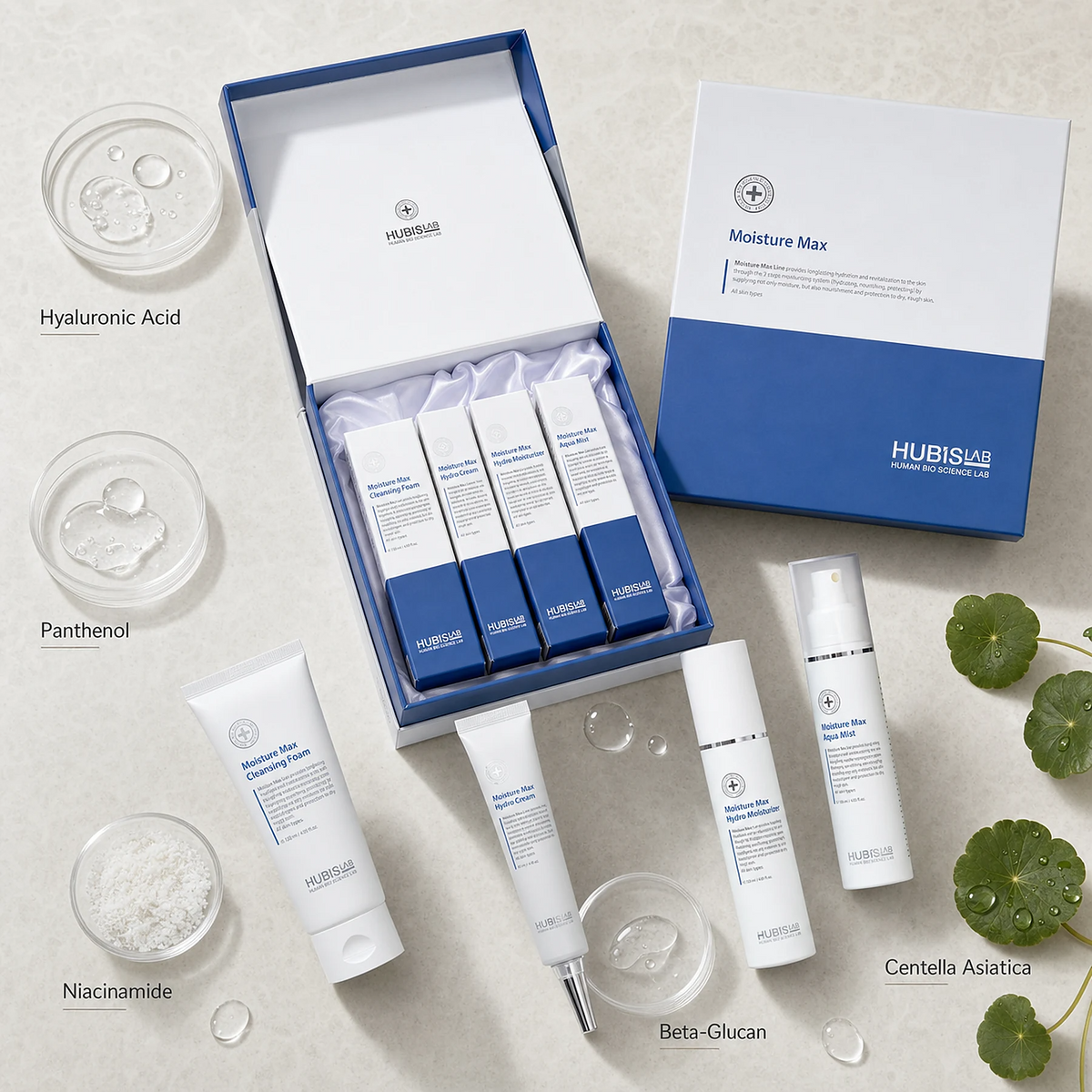 Hubislab Moisture Max Gift Set photographic ingredient flatlay featuring Hyaluronic Acid, Panthenol, Niacinamide, Centella Asiatica and Beta-Glucan.