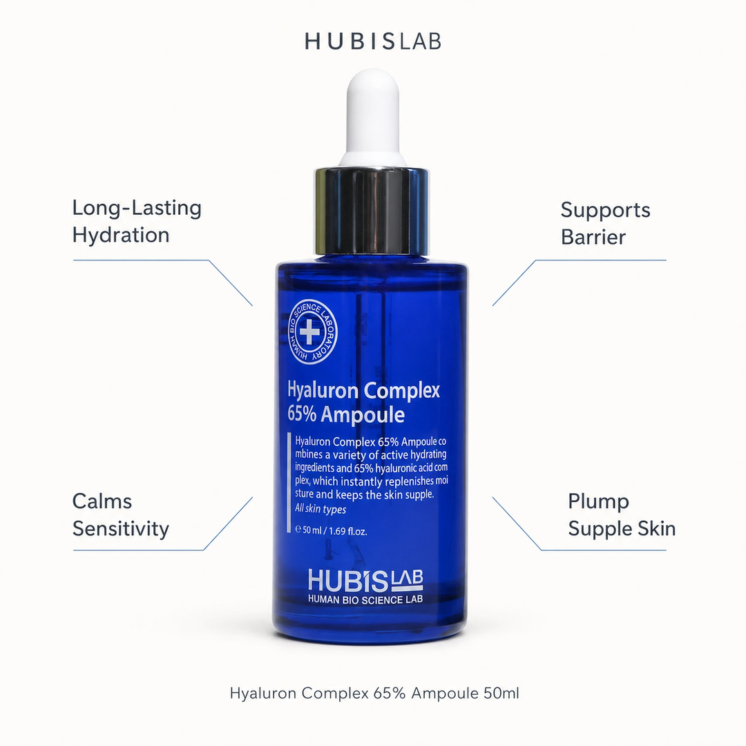 Hubislab Moisture Max Hyaluron Complex 65% Ampoule 50ml benefit callout image highlighting long-lasting hydration, calms sensitivity, supports barrier and plump supple skin.