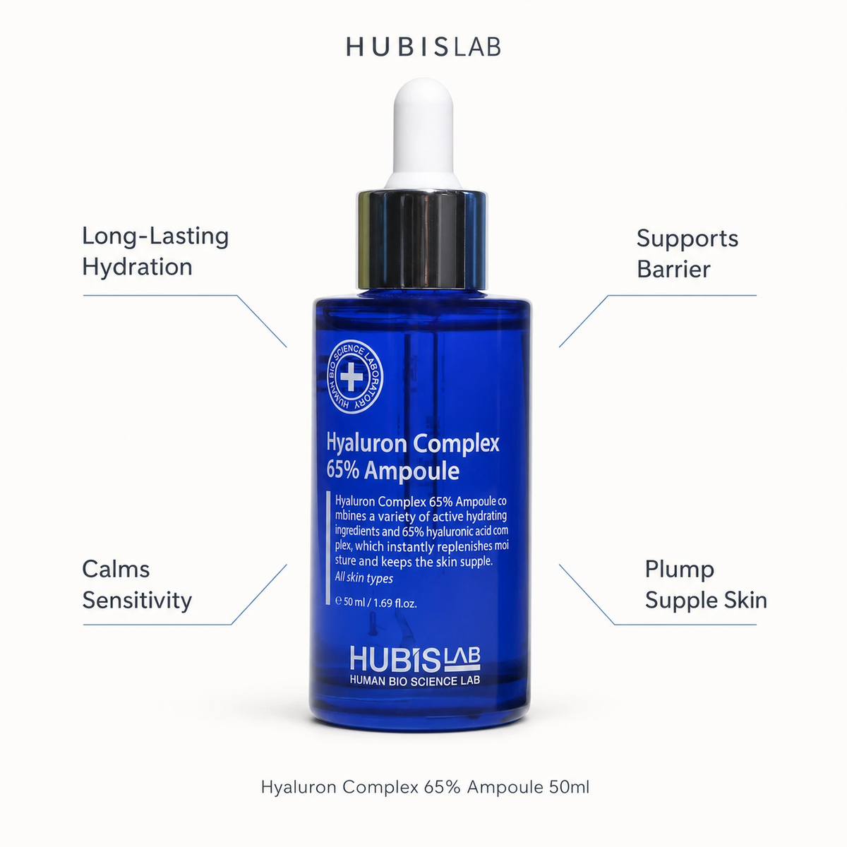 Hubislab Moisture Max Hyaluron Complex 65% Ampoule 50ml benefit callout image highlighting long-lasting hydration, calms sensitivity, supports barrier and plump supple skin.