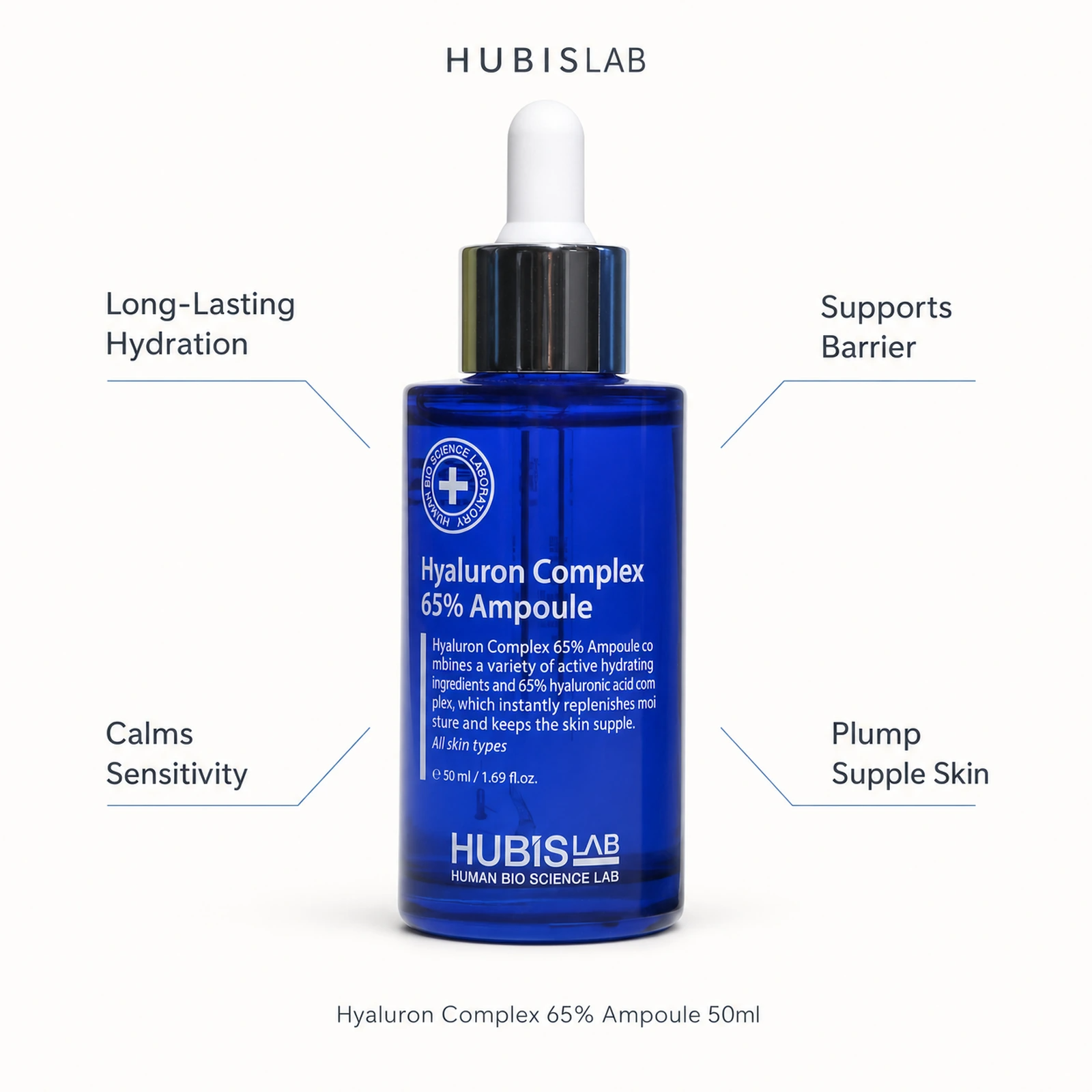 Hubislab Moisture Max Hyaluron Complex 65% Ampoule 50ml benefit callout image highlighting long-lasting hydration, calms sensitivity, supports barrier and plump supple skin.